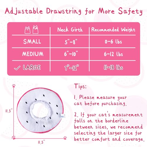ANWA Adjustable Cat Cone Collar Soft, Cute Cat Donut Collar After Surgery, Kitten Recovery Cones to Stop Licking - color: Dragonfruit, size: Large