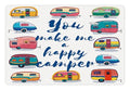Lunarable Camper Pet Mat for Food and Water, You Make Me Happy Motivational Words Caravans Retro Style Travel Graphic Print, Non-Slip Rubber Mat for Dogs and Cats, 18" X 12", Indigo Yellow - color: Indigo Yellow