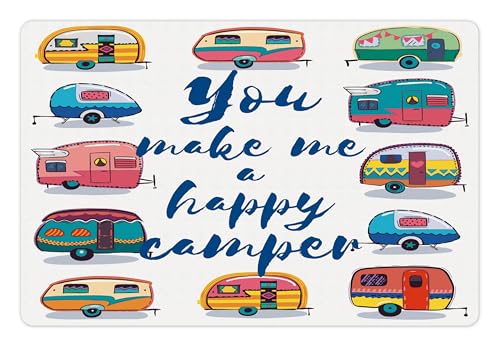 Lunarable Camper Pet Mat for Food and Water, You Make Me Happy Motivational Words Caravans Retro Style Travel Graphic Print, Non-Slip Rubber Mat for Dogs and Cats, 18" X 12", Indigo Yellow - color: Indigo Yellow