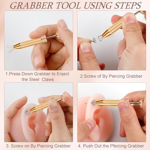 2Pcs Piercing Ball Grabber Tool for Changing Jewelry, Stianless Steel Flat Back Earring Applicator Internally Threaded Push Pin Piercing Grabber Tool - color: Gold
