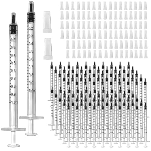 100 Pcs 1ml 1cc Syringe No Needle Plastic Syringe with Caps | for Pets Oral, Refilling, Oil or Glue Applicator, Measuring or Transfering Amount of Liquids