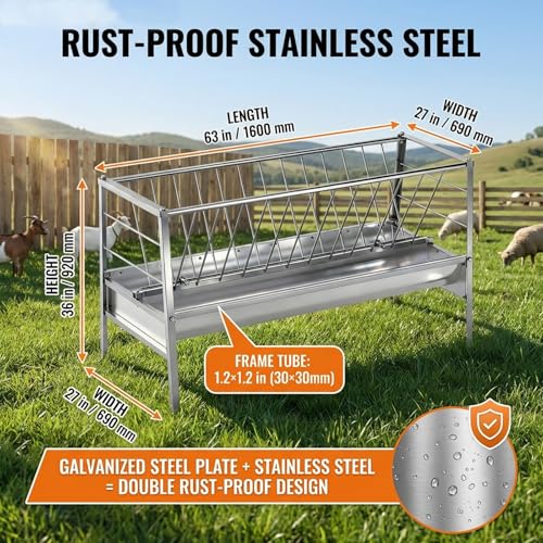 Stainless Steel Goat Sheep Feeder, 94-Gallon Grain|Water|Hay Feeder, 8.0'' Deeper|59" Long Feeding Pan, Livestock Hay Rack for Barn, Pasture, Cow Shed, Courtyard
