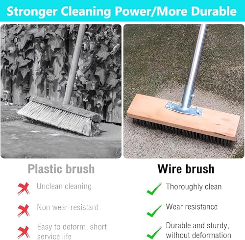 Concrete Scrub Brush - Concrete Brush Wire Broom with 62" Long Handle - Deck Brushes for Scrubbing Heavy Duty Stiff Metal Bristle Floor Scrubber Brushes for Cleaning Moss Grout Garage Patio
