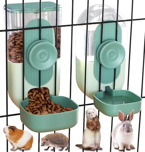Kenond 35oz Rabbit Food Bowl,Bunny Water Dispenser,Feeders Waterer for Cage | Hanging Auto Ferret Food Water Dispenser, Auto Gravity Pet Feeder and Waterer Set, Cage Cat Food Bowl Dog Feeding Station - color: Green Waterer and Feeder C
