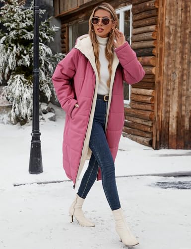 Yusongirl Women's Reversible Long Winter Puffer Coat with Hood and Fleece | Two wearable sides for winter commutes, school runs and city errands, with quilted warmth, soft fleece, a hood and pockets - color: Brick Red, size: Large