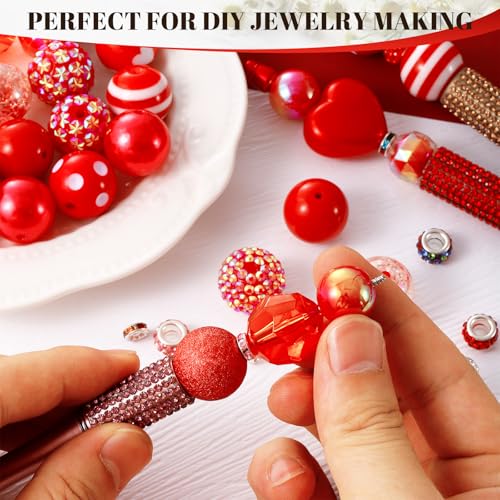 112 Pcs Red Bubblegum Beads for Pens, Spacer Beads | 28 Pcs Pen Beads 14 Styles, 84 Pcs Spacer Beads, Colorful Rhinestone Bead for Jewelry Making,Valentine's Day, Xmas Gifts - color: Red