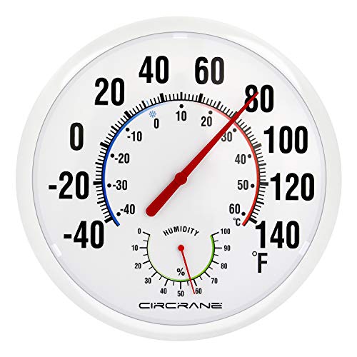 Circrane 13.25 Inch Round Thermometer with Hygrometer, Large Indoor Wall Patio Bimetal Weather Thermometer, No Battery Required, White - color: White