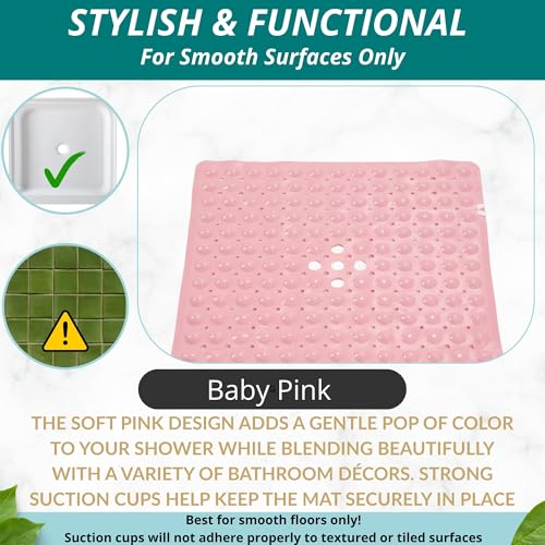 ENKOSI Square Shower Mat – 21 x 21 Inch Non-Slip Mat with Suction Cups and Drain Holes – Anti-Slip Square Bathroom Bathtub Shower Mats for Inside Shower (21x21 Baby Pink) - color: Baby Pink