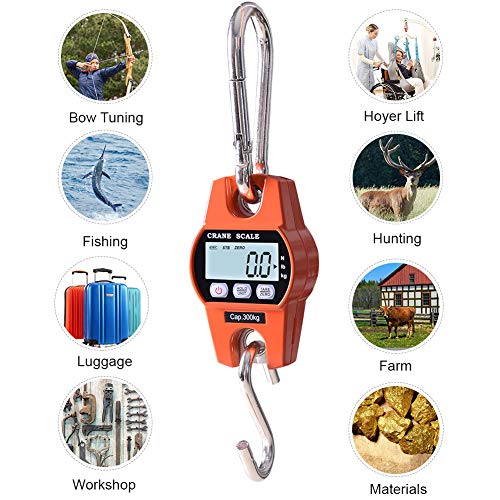 Fuzion Hanging Scale 660LB - Heavy Duty Crane Scale with Aluminum Body | Stainless Steel Hook, Hold/Tare Function, Large Display, Digital Hanging Scales for Weighing Animals, Hays, Fish, Luggage - color: Orange, size: 660LB