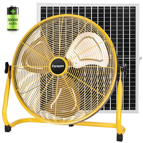 Fanspex 20" Solar Rechargeable Floor Fan for Outdoor Gazebo Greenhouse Barn | 111 Wh Battery Operated Fan, 360° Tilt with 35W Solar Panel Powered for Patio Camping Cooling or Air Circulation - size: 20"
