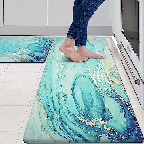 MAYHMYO Anti Fatigue Kitchen Mat for Floor Set of 2, 17.3"x 29"+ 17.3"x 59" | Comfort Mats, Cushioned, Non Slip, Waterproof Kitchen Rugs, Standing Mats, House, Sink, Office - color: Teal, size: 29"L X 17.3"W X 0.4"Th + 59"L X 17.3"W X 0.4"Th