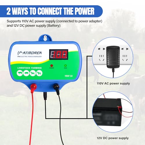 Electric Fence Charger 11kV Powerful Energizer ，2 Joules Energy Output with LED Display - Multi-Powered Ideal for Livestock, Pet, Poultry, Gardens, Orchards Protection