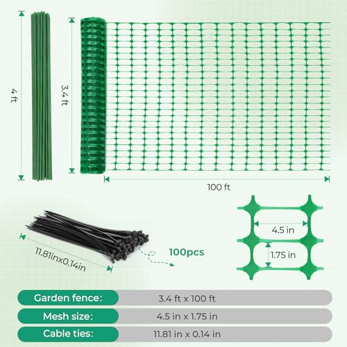 Ohuhu 3.4'x100' Plastic Garden Fence Safety Fence with 16MM Thicker Stakes | Reusable HDPE Garden Fence Roll with 25Pcs 4FT Stakes, Temporary Fence for Animal Barrier Construction Snow Fence Poultry Dog - color: Green