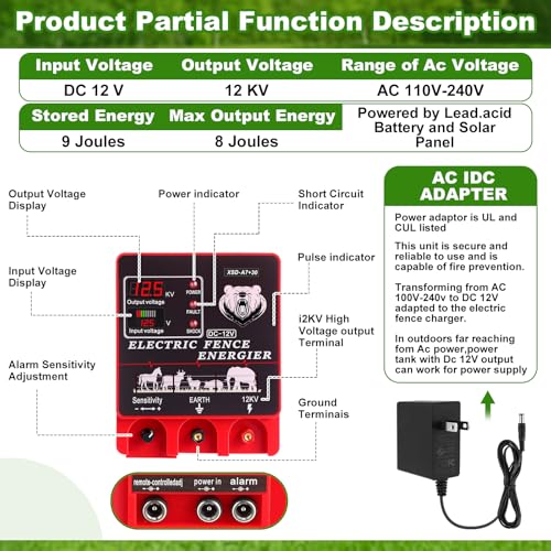 MorningRo 9J Electric Fence Charger Kit, 20 Miles Plug-in Fence with Display & Alarm, Input 12VDC/110-240VAC Output 12KV, 250ft Aluminum Wire 50 Insulators 1 Socket Tool for Livestock Cattle