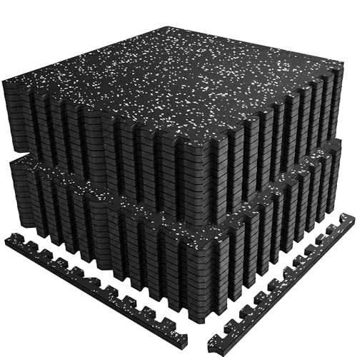 PRAISUN 0.56" Rubber Top Gym Flooring, Heavy Duty Gym Mats for Home Gym | Non-Slip Interlocking Workout Mat, 24 x 24in Large Gym Floor Mat, Protect Floors from Equipment, 96 Sq Ft, Black/Grey - size: 24 Tiles (96 Sq Ft)