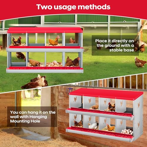 8-Compartment Chicken Nesting Box, Heavy Duty Galvanized Steel Poultry Nest Box, Wall Mount/Freestanding Design for Hens, Ducks, Backyard Homesteads & Farm Use, Red, 10 Mats &4 Eggs, No Stand - color: Red, size: 8 Room&Mat eggs