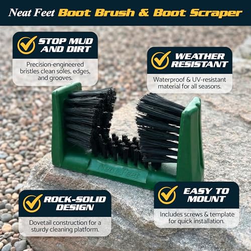 Neat Feet Boot Brush & Boot Scraper | Mountable Shoe Cleaner w/Screws, Injection Molded Plastic Mud Scrubber for Work Boots, Hiking & Outdoor Footwear, Weather-Resistant for Garage, Porch & Entryway
