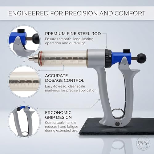 Danbark 50ml Semi-Automatic Livestock Syringe Kit, Metal Adjustable Dose Repeater,UV Resistant Barrel, Ergonomic Grip Handle, for Cattle and Goats