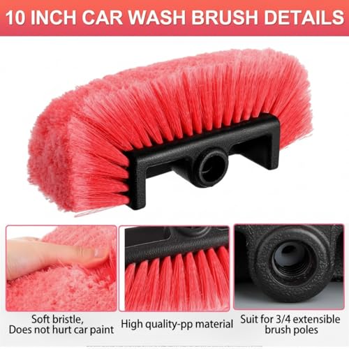Vesici 4 Pcs Car Wash Brush Head with Soft Detailing Bristle Flow Thru Car Cleaning Brush Exterior Cars Wash Equipment for Auto Truck RV Boat Camper Washing, 10 Inch (Red) - color: Red