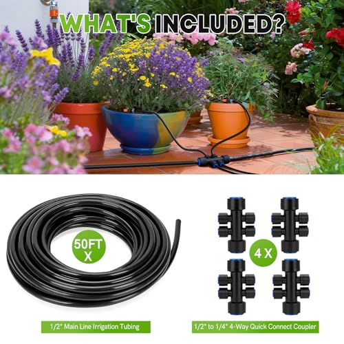 50FT 1/2"(OD) Drip Irrigation Tubing with 4 Fittings | 4 Packs 4-Way Quick Coupler, Push-to-Connect Fittings, For Raised Beds, Garden, Greenhouse, Lawn, Garden Watering System - size: 50FT 1/2”(OD) Tube