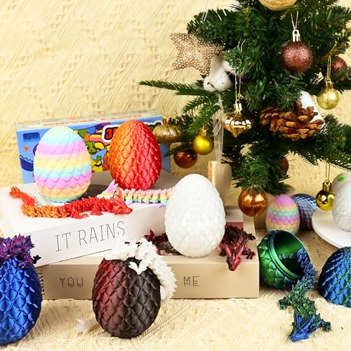 Impossmaker 8" 3D Printed Easter Dragon Eggs with 3D Printed Dragon Inside, Easter Basket Stuffers Mini Dragon Egg Set Articulated Crystal Dragon Fidget Toy for Adults Teens - style: 6P-S2