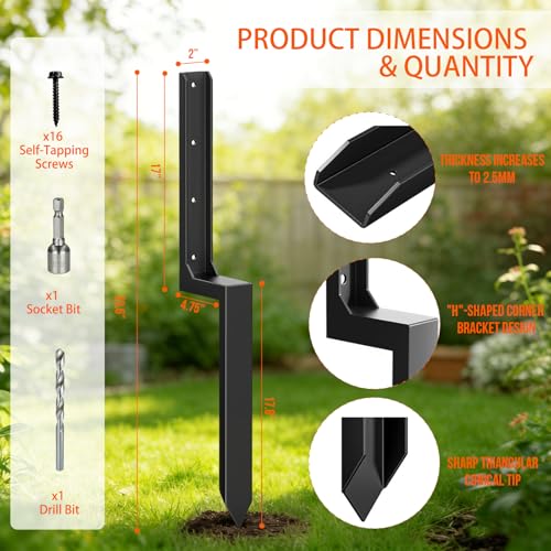 Fence Post Repair Kit Heavy Duty – Thickened Steel Fence Post Anchor Ground Spike, Fence Repair Kit Quick Fix Broken/Leaning Wood Fence Posts, Wooden Fence Post Stabilizer Stakes (4 Pack, Black) - color: 4 , Black