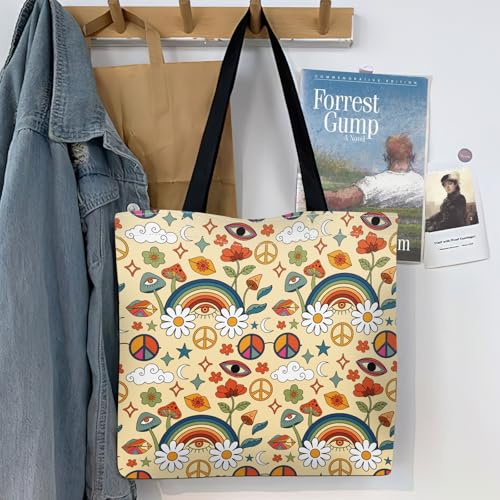 Canvas Tote Bag for Women，Cute Heavy-Duty Shoulder Bag with Zipper Pocket -Travel Tote for Grocery, Gym,Shopping - color: Mushroom Rainbow Flower