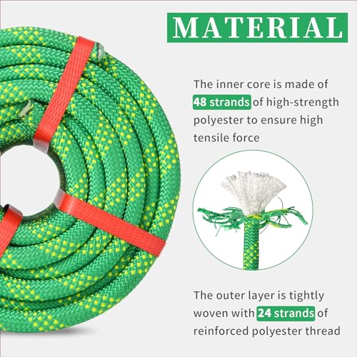 Arborist Rope Tree Climbing Rope(1/2inch x 100ft) 48 Strands Bull Rope for Construction Climbing Swing Sailing - size: 1/2 x 100ft, style: Green