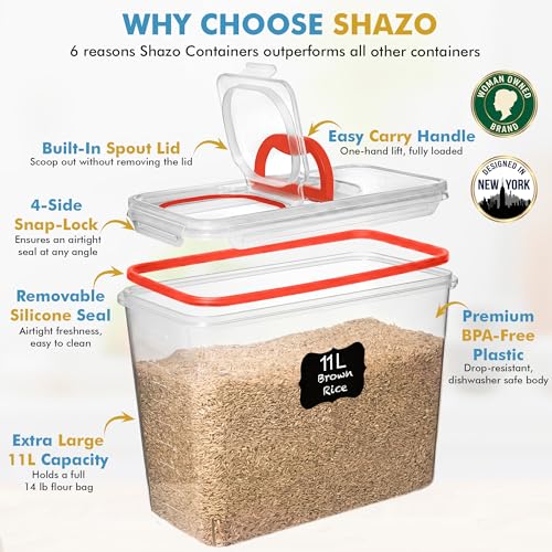 Shazo 2 PC (11L | 372 oz) Flour Sugar Storage Containers with Spout Lid & Easy Carry Handle - BPA Free Extra Large Airtight Food Storage Containers with Lids - Rice Canisters Sets for Kitchen & Pantry - color: Red