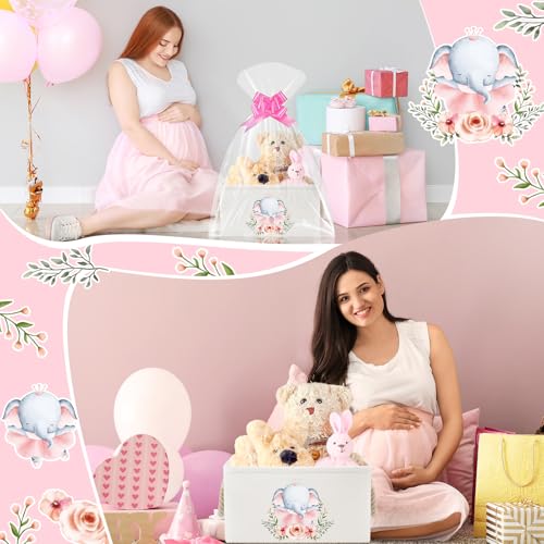 Pickmesh Baby Shower Storage Basket with Gift Bags Rectangular Ribbons Collapsible Canvas Storage Bin with Handles for Diaper Organizing Toy Home DIY Gift Basket, 13 x 9. 1 x 7. 1 Inch(Pink Elephant) - style: Pink Elephant