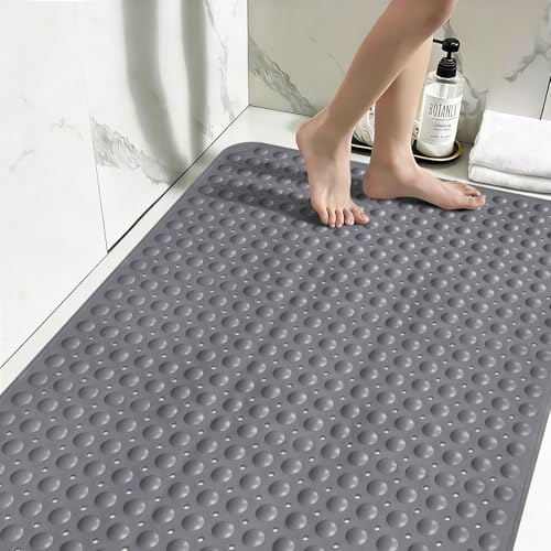 Shower Mat Non Slip: 47" x 32" Large Shower Mats for Inside Shower - Soft TPE Cuttable Anti Slip Shower Stall Mat with Drain Holes and Suction Cups - color: Dark Gray, size: 47" x 32" (Rectangular)