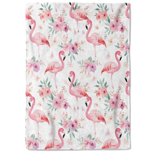 Flamingo Floral Fleece Blanket,40x50in,Tropical Pink Bird Hibiscus Leaves White Throw Blankets,Soft Cozy Lightweight, Ideal for Bed Living Room Home Summer Decor,Feminine Gifts - color: Flamingo, size: 40x50 Inch