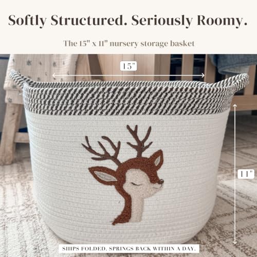 Deer Baby Storage Basket, Woven Cotton Rope Nursery Bin, 15x11 in | Stuffed Animal and Blanket Storage, Soft Felt Deer Patch, Woodland Nursery Decor, Kids Playroom Organizer - color: Deer