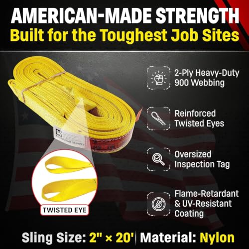 DD Sling (USA Made). 2" wide X (4' to 20' lengths) in Listing! 2 Ply Twisted Eye, Nylon Lifting Slings, Eye & Eye, Heavy Duty (900 webbing), 6,400 lbs Vertical, 5,100 Choker, 12,800 Basket Load Capacity (2inX20ft) - size: 2 in x 20 ft