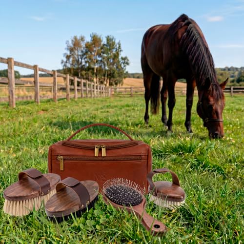 Premium Horse Brushes Set (4 Pieces) - Essential Equine Care Set with Beechwood Brushes, Natural Bristles, and Handcrafted Leather Bag - Luxury Gift for Horse Riders and Owners