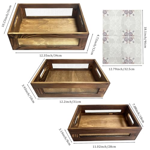 Set of 3 Wooden Crate For Kitchen Counter, Small Wood Storage Basket | Rustic Nesting Wood Organizer Box, Decorative Crates for Display, Pantry Countertop, Fruit, Vegetable, Include 3 Fabric Mats