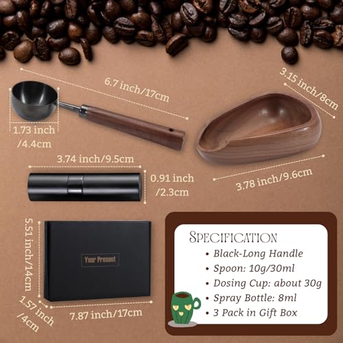 3pcs Coffee Bean Dosing Cup Set, Walnut Wood Cup Dosing Spoon Spray Bottle | Coffee Bean Dosing Cup Set in Gift Box, Static Reduction Precise Measuring for Espresso Tea Coffee Bar Accessories Kit - color: Black and Brown