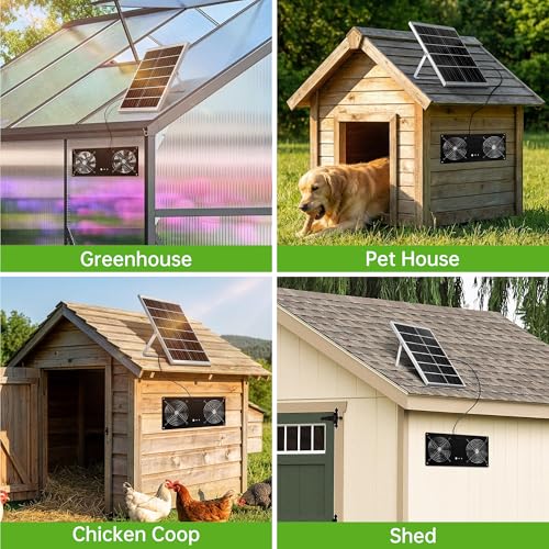 Solar Fan for Chicken Coop, ropelux Solar Powered Dual Exhaust Fans with 18000mAh Battery & 2 Timers, 24/7 Strong Airflow Cooling Ventilation for Greenhouses, Dog Houses, Attics, Sheds, Cabins - size: Dual-Fan