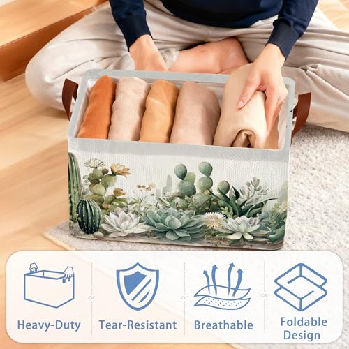 Cactus Succulent Collapsible Storage Box,Tropical Plants Organizer Bin with Handles for Room Decoration,Bins Book Basket Box 17x11.5x10Inch - color: Cactus Succulent Tropical Plants