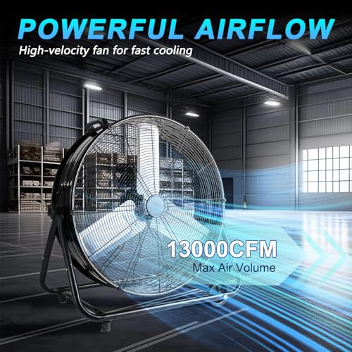 WARMLREC 30 Inch Industrial Drum Fan, 13000CFM Heavy Duty Garage Fan with Wheels, 3 Speeds Metal High Velocity Fan for Warehouse, Workshop, Factory, Commercial, Residential & Greenhouse, Black