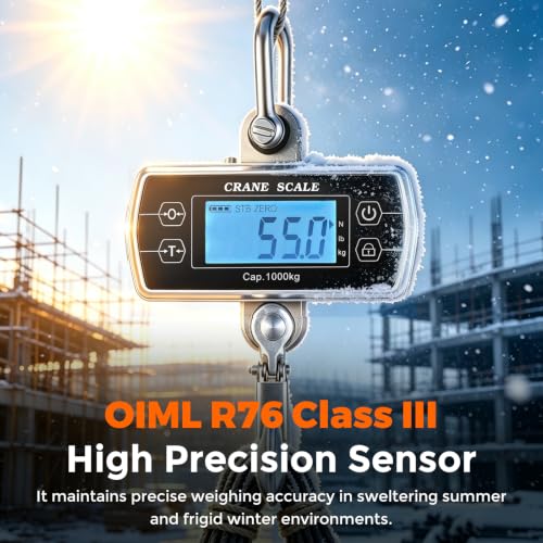 Crane Scale 2200lb, OIML Class III CE Certified Hanging Scale | Switchable kg/lb/N Units, Sturdy Build, Stainless Steel Shackle & Alloy Steel Hook, Adjustable Backlight & Auto Off Timer - size: 1000 kg/2200 lb, Touch Key