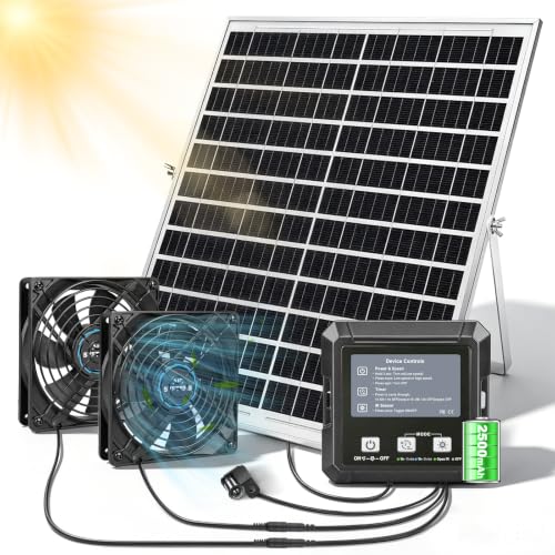 25W Dual Solar Powered Exhaust Fan for Chicken Coop,Smart Sensing | 4-Hour Night Battery Backup, Off Grid Outdoor Ventilation Kit for Shed & Greenhouse, IP65 Waterproof, No Wiring