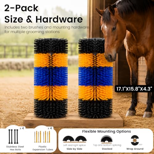 2PCS Livestock Scratching Brush for Goat, Heavy-Duty Post Grooming and Massage Scratch Brushes for Cow Donkey Goats Horse Sheep, with 8 Screws for Back Itch Relief & Keep Cleaning, 17" x 7.9" - size: 2 Pack