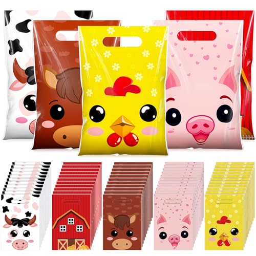 Resurhang 50 Pcs Farm Animal Favor Bags Bulk 6.5x9.8 Inch Plastic Farm Theme Goodie Treat Gift Bags Funny Candy Cookie Tote for Farmhouse Barnyard Birthday Decor Supplies Baby Shower Wrapping - style: Farm Animal
