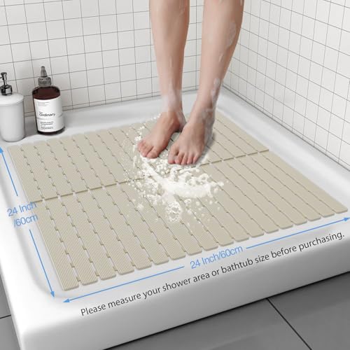 Shower Mat Non-Slip Bath Mat for Tub and Shower Stall,236 Suction Cups with Drain Holes, Quick Dry Machine Washable, Extra Grip for Stand Up Showers, Bathroom Essentials 24x24 Inch (Light Brown) - color: Light Brown