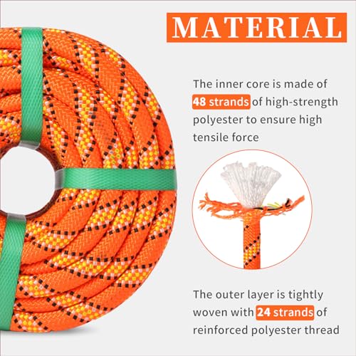 Arborist Rigging Rope - 1/2" x 150ft 48 Strand Braid Bull Rope (9,000 lbs MBS) for Tree Removal, Limb Lowering - Static Line Hoisting Utility Rope (Orange) - size: 1/2in*150ft