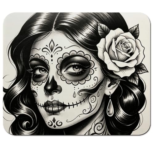Day of the Dead Sugar Skull Woman Mouse Pad 9.5" x 7.9", Black & White Tattoo Art Cute Desk Mat - color: Floral Skull