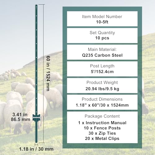 VEVOR 5 Feet Fence Post, 10 Pack U-Channel Heavy Duty Metal Fence Posts with 30 Zip Ties & 20 Clips, Sturdy Steel Fence Stakes for Garden Yard, Lawn, Farms and Outdoor Wire Fencing, Green - size: 5 Feet 10 Pack