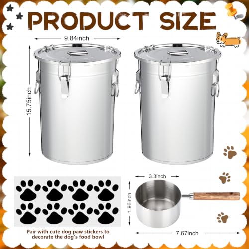 Lounsweer 2 Pack Stainless Steel Dog Food Storage Container with Lid and Locking Clamp Metal Airtight Container Large Stainless Steel Bucket with Food Scoop for Pet Feed(17 L) - size: 17 L