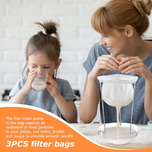 Jelly Strainer Stand with 3 Reusable Strainer Bags - Stable Sieve Stand Kit with Stainless Steel Mesh Filter Bags,Easy to Clean,for NutMilk,Juices,Ricotta Cheese,Yogurt,Broth